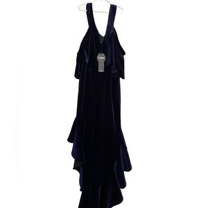 EVENING Gown Dark Blue Velvet Ruffle Cold Shoulder V Neck Maxi Length Sz XL